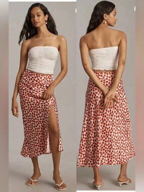 Anthropologie Maeve The Mel Ruched Side-Slit Midi Skirt XL Red Cream Floral